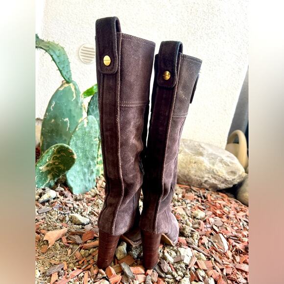 Tory Burch Y2K Brown Suede Leather Claudia Heeled Lug Sole Knee Boots Size 6 - Picture 3 of 10